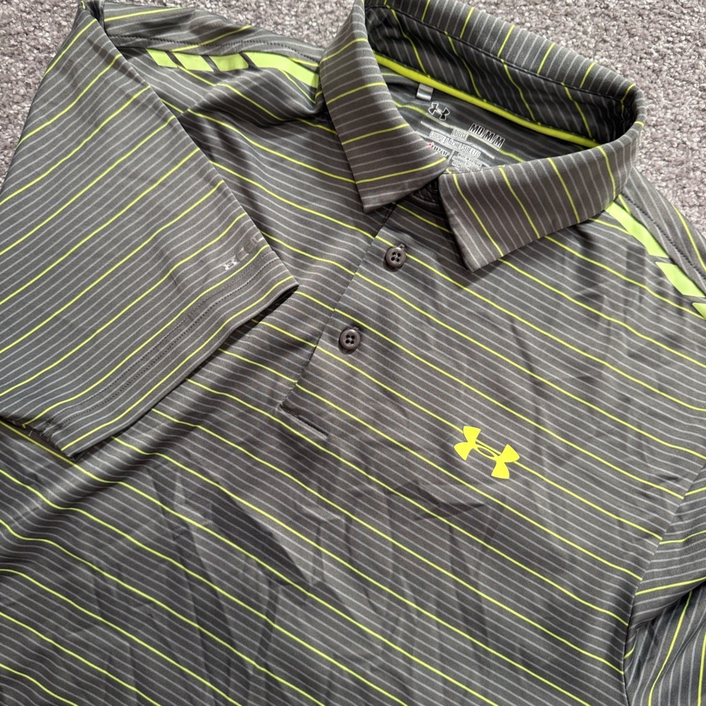 Under Armour Polo Shirt Mens M Gray Lime Green Striped HeatGear Golf Performance